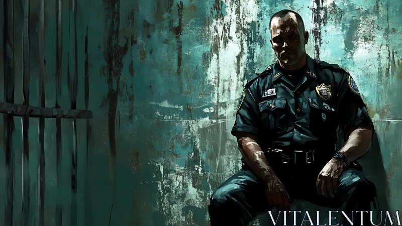Police officer seated in worn teal holding cell interior.