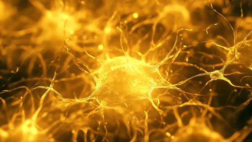 Glowing neural network cells in golden abstract field.