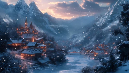 Snow-laden alpine river valley village at blue-hour twilight