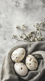 Speckled eggs on fabric with small white flowers.