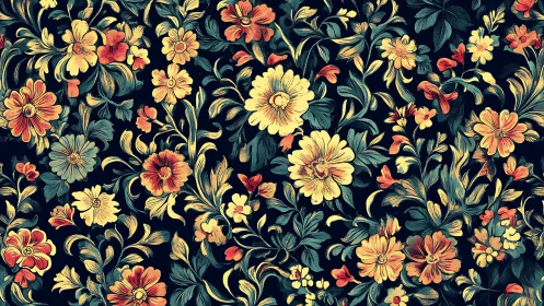 Dense vintage floral pattern with warm yellow orange blooms.