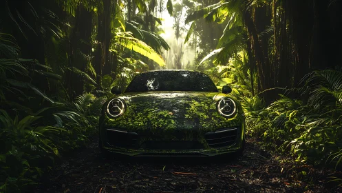 Sports coupe camouflaged by foliage in dense rainforest.
