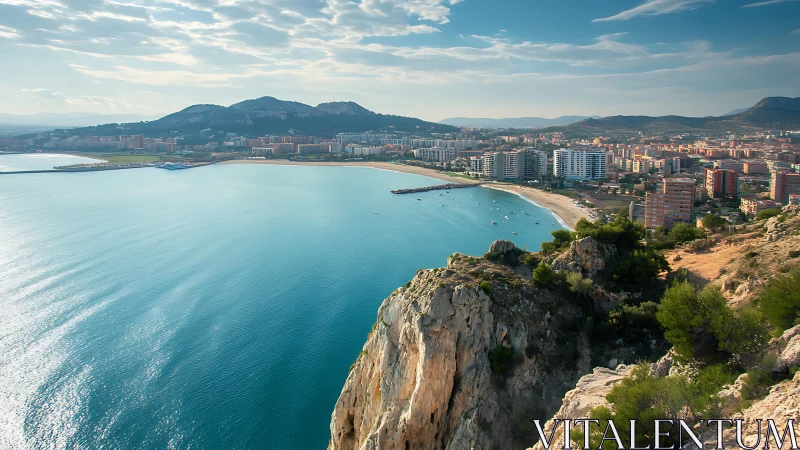 Sunlit Mediterranean bay beside modern coastal cityscape.