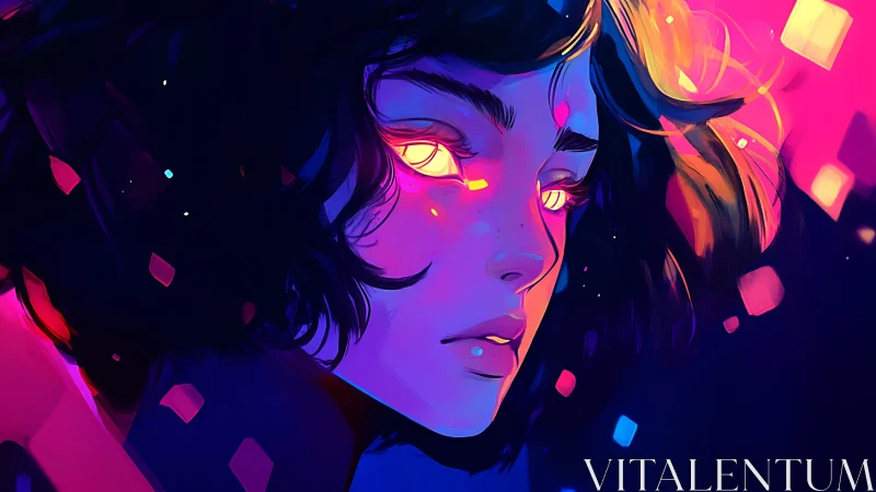 Side profile shows stylized portrait under neon gradient light