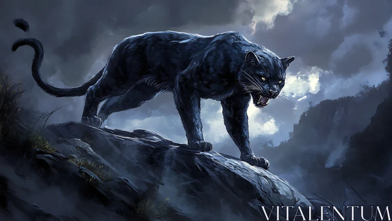 Massive Black Panther on Rocky Outcrop Against Stormy Sky.