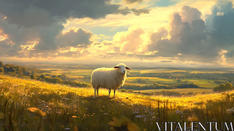 Sunlit sheep standing on golden meadow at rural sunset.