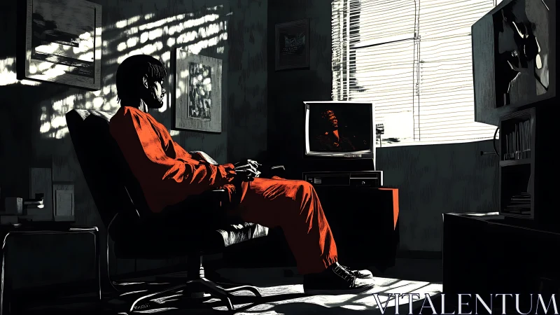 Solitary viewer sits in starkly lit retro living room