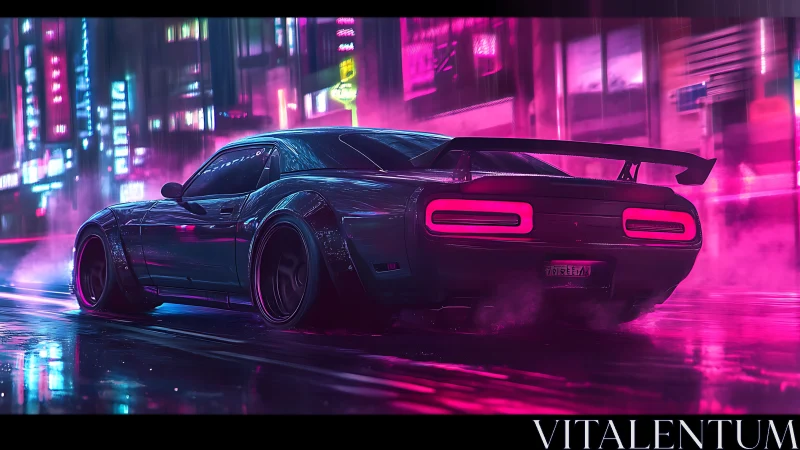 Cyberpunk muscle car under neon lights at night street.