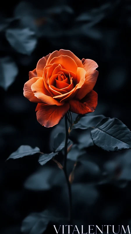 Vibrant Orange Rose Blooming Against Dark Foliage.