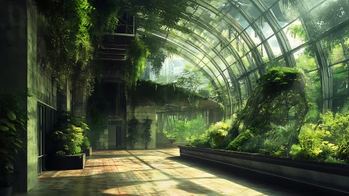 Abandoned Greenhouse Overgrown with Verdant Vegetation and Natural Light