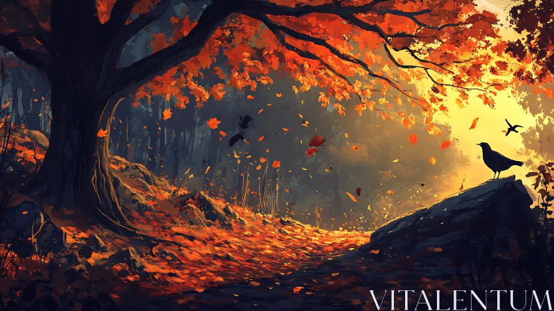 Crows trade secrets beneath a wildfire canopy of autumn