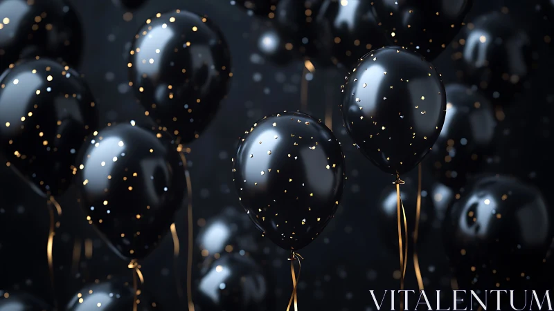 Spherical Balloons with Luminous Bokeh Particles and Golden Ribbon Details.