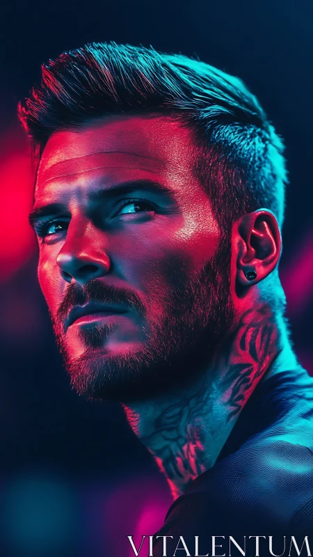 Neon-lit portrait captures intense gaze and modern edge.