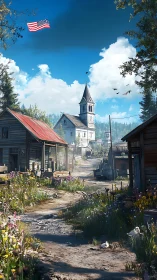 Rural church lane unfolds under bright summer sky and flag