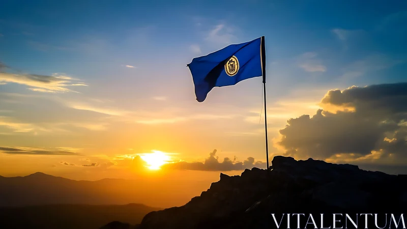 Blue institutional flag silhouettes against a dramatic alpine sunset