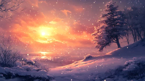Winter sunrise glow over peaceful snow covered hillside.