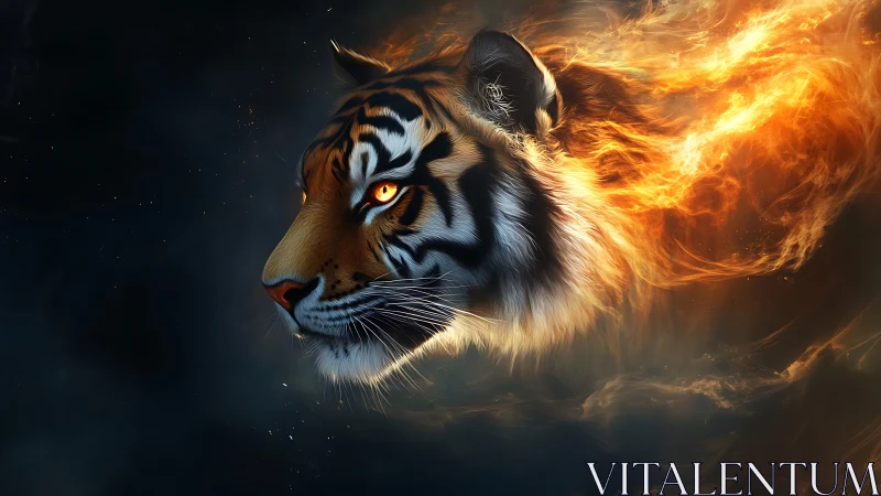 Tiger head ignites with trailing fire in smoky void.