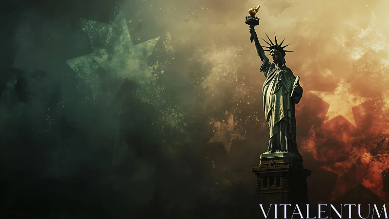Statue of Liberty against star-textured cloudy backdrop.