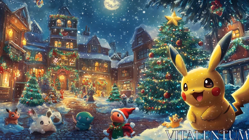 Pikachu leads snowy holiday village under glowing moon
