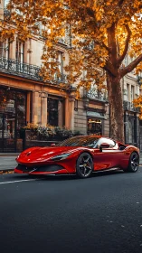 Red sports car parked on city street under autumn tree.