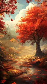 Autumn forest stream under glowing foliage and warm light.