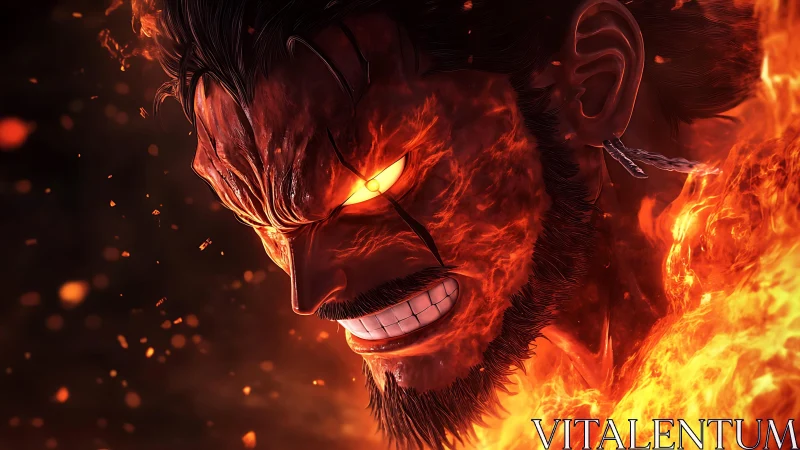 Fiery warrior&rsquo;s enraged face burns amid searing flames.