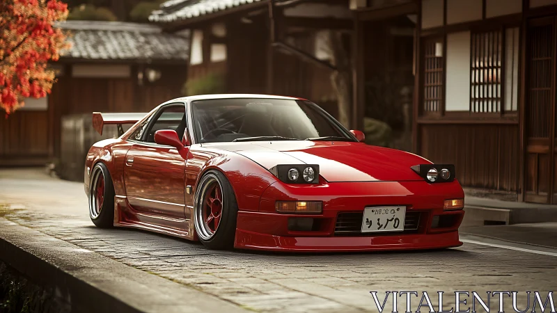 Crimson street tuner rests calmly in a quiet Japanese lane