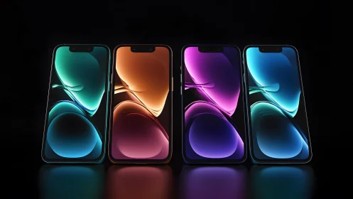 Sleek modern smartphones in colorful neon lighting, minimalist style.
