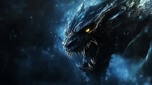 Cryogenic dragon profile with luminescent ocular highlight.