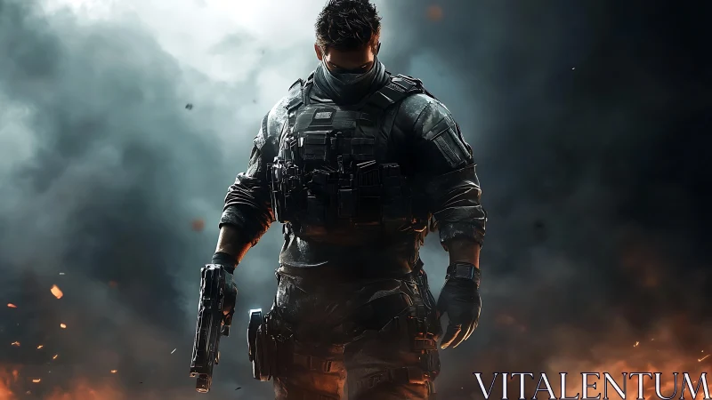 Storm-walker soldier in ember-lit battlefield haze.