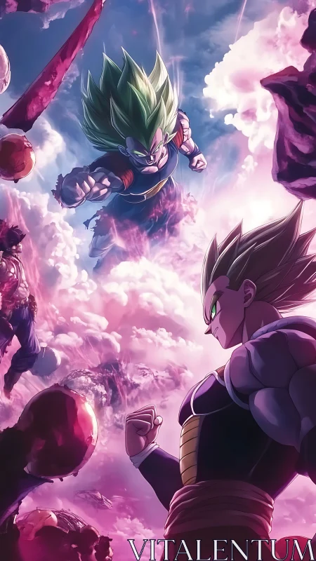 Epic sky duel unites two powerful warriors in glowing clouds