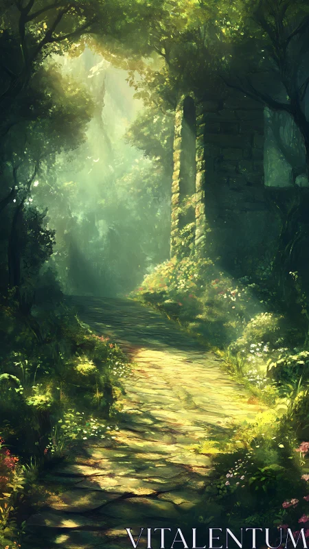 Luminous Forest Path Bathed in Golden Sunlight Through Canopy