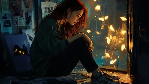 Melancholic red haired girl sits by glowing window vines