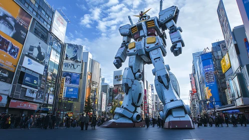 Giant city robot greeting crowds under bright urban skies.