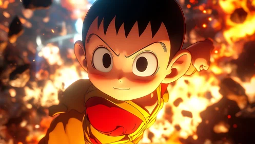 Fiery anime hero charges forward through erupting flames