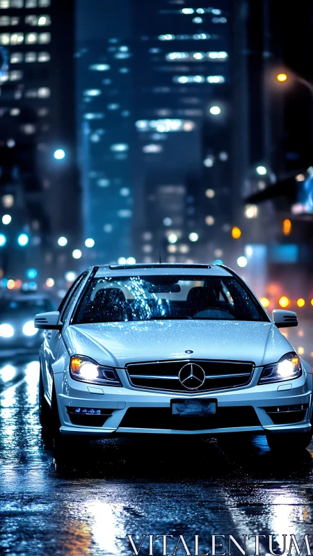 White sedan advances through neon-lit rainy city street at night