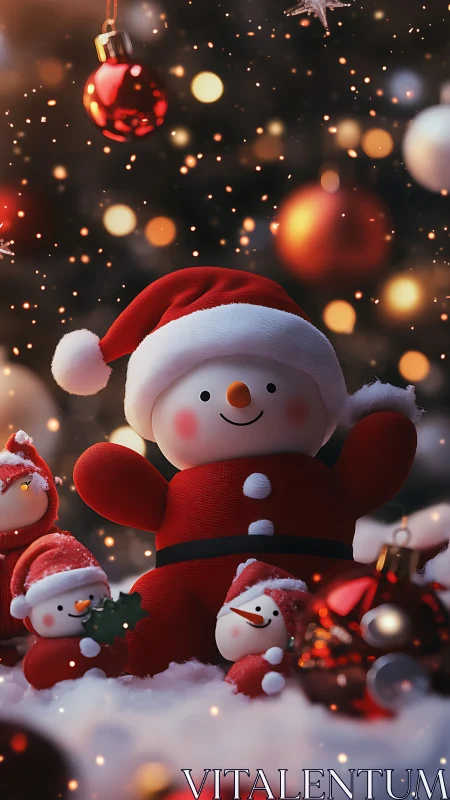 Smiling snowman dolls in red Santa outfits at Christmas.