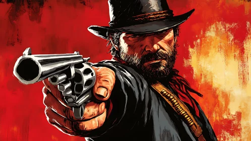 Bold cowboy levels his revolver against a blazing sky