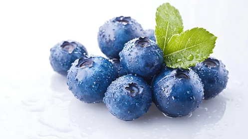Glittering blueberries crowned with dew and fresh green leaves.