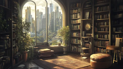 Sunlit urban library blends quiet study with city skyline.