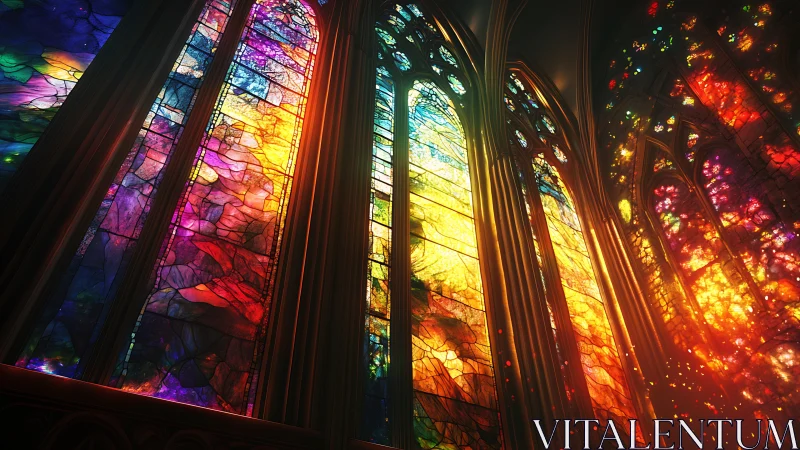 Vibrant stained glass windows in tall gothic cathedral wall.