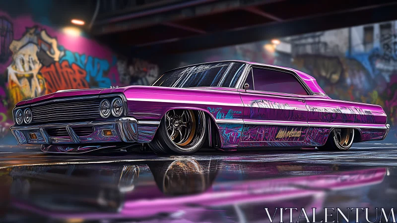 Lowrider coupe in neon-lit alley with reflective wet asphalt surface