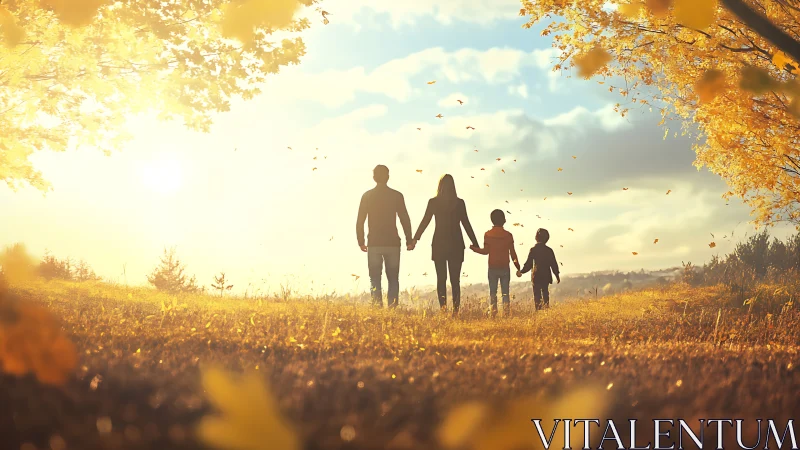 Family walking through autumn field during golden hour.