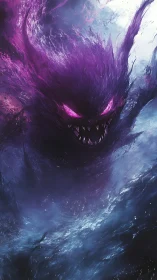 Shadowy purple spectral entity with luminous eyes depiction.