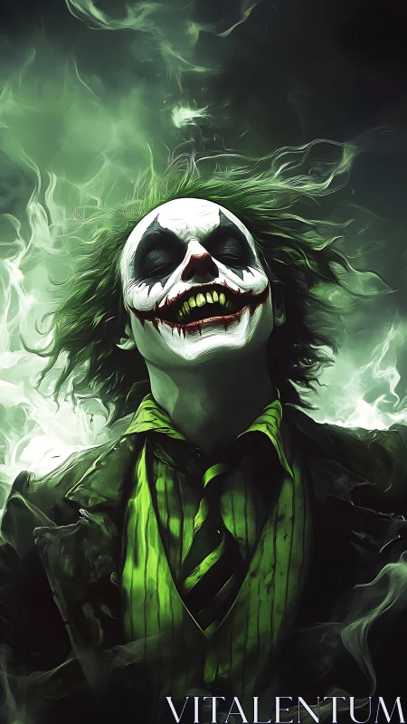 Clown-faced figure stands laughing in green smoke-filled scene