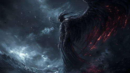 Dark winged entity rises over stormy, burning battlefield.