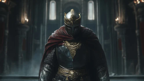 Armored knight stands in dim cathedral interior under haze