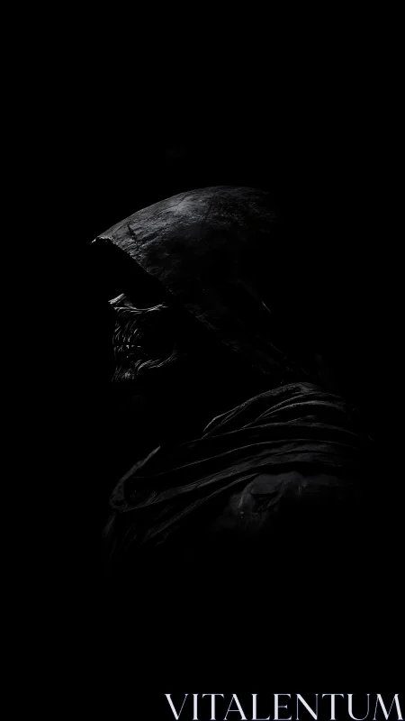 Mysterious hooded wanderer cloaked in deep shadowed calm.