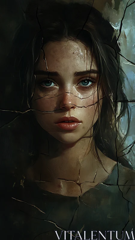 Portrait of young woman behind fractured glass surface.