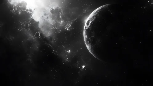 Monochrome planet rising through luminous starfield void.